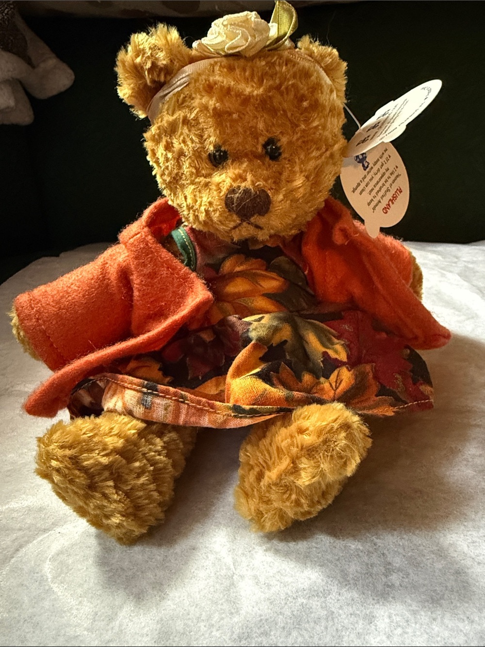 NWT Plushland Autumn Harvest Bear in Fall Theme Dress and Coat. New Condition.